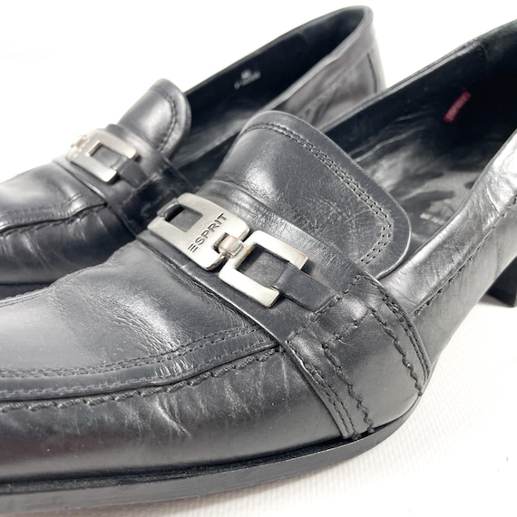 Y2K Black Real Leather Square Toe Heeled Loafers by Esprit Classic