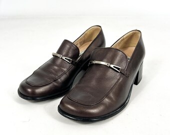 Vintage Brown Genuine Leather Buckle Loafers for Women, Classic Leather Slip-On Shoes, Retro Brown Loafers EU 36.5 / UK 3.5 / US 5.5