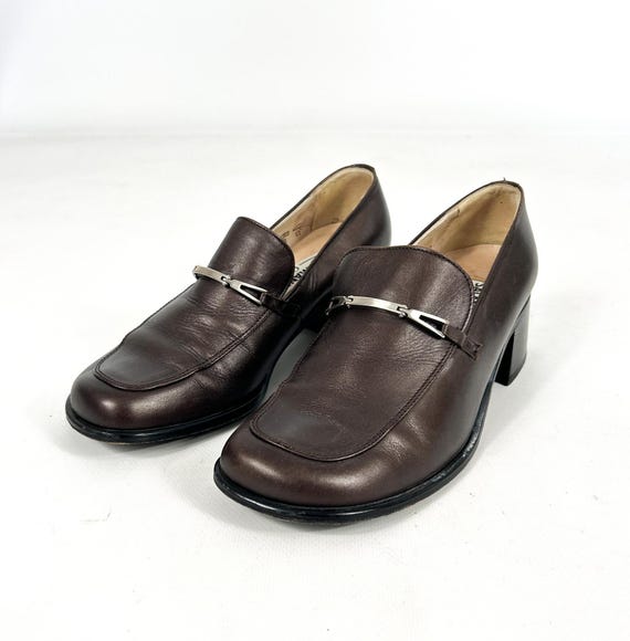 Vintage Brown Genuine Leather Buckle Loafers for Women, Classic Leather Slip-On Shoes, Retro Brown Loafers EU 36,5 / UK 3,5 / US 5,5