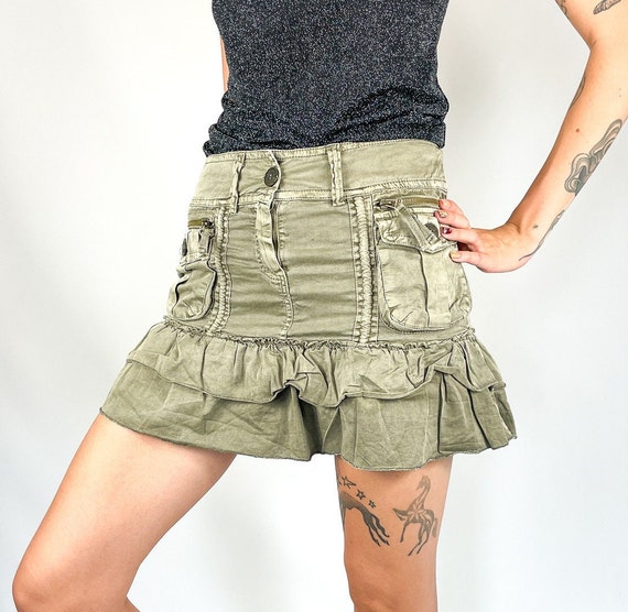 Y2K Military Ruffled Mini Skirt - Khaki Combat Style, Retro
