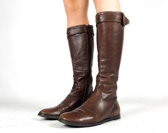 Vintage Brown Tall Riding Style Boots – Classic Flat Knee High Boots with Side Zip & Buckle – Size EU 37 / UK 4 / US 6