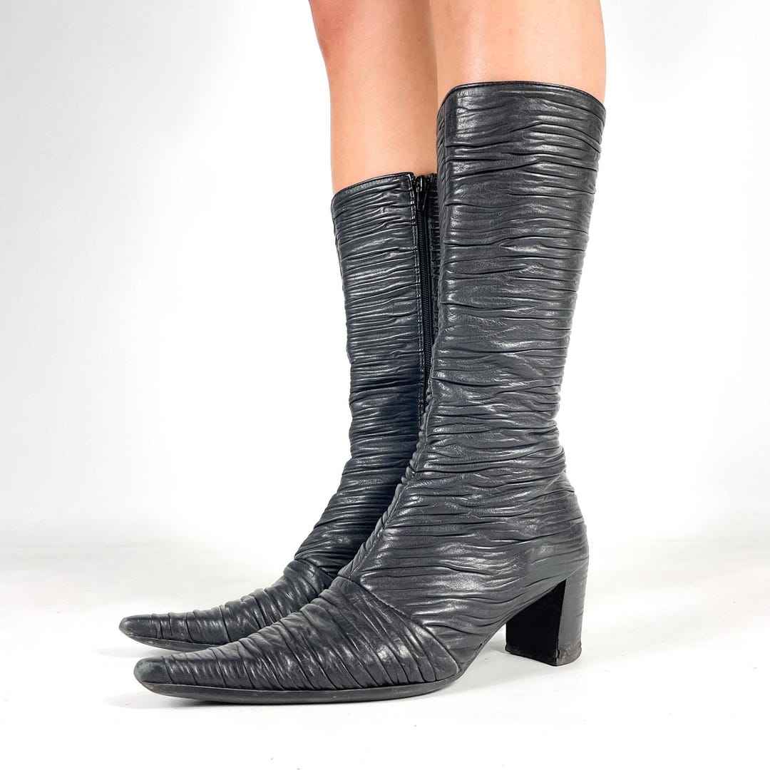 Y2K Spiral Real Leather Black Ruched Boots Pointed Toe