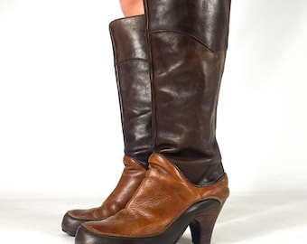 Brown Knee High Platform Boots Y2K Vintage Chunky Heels – EU 41 / UK 7 / US 9