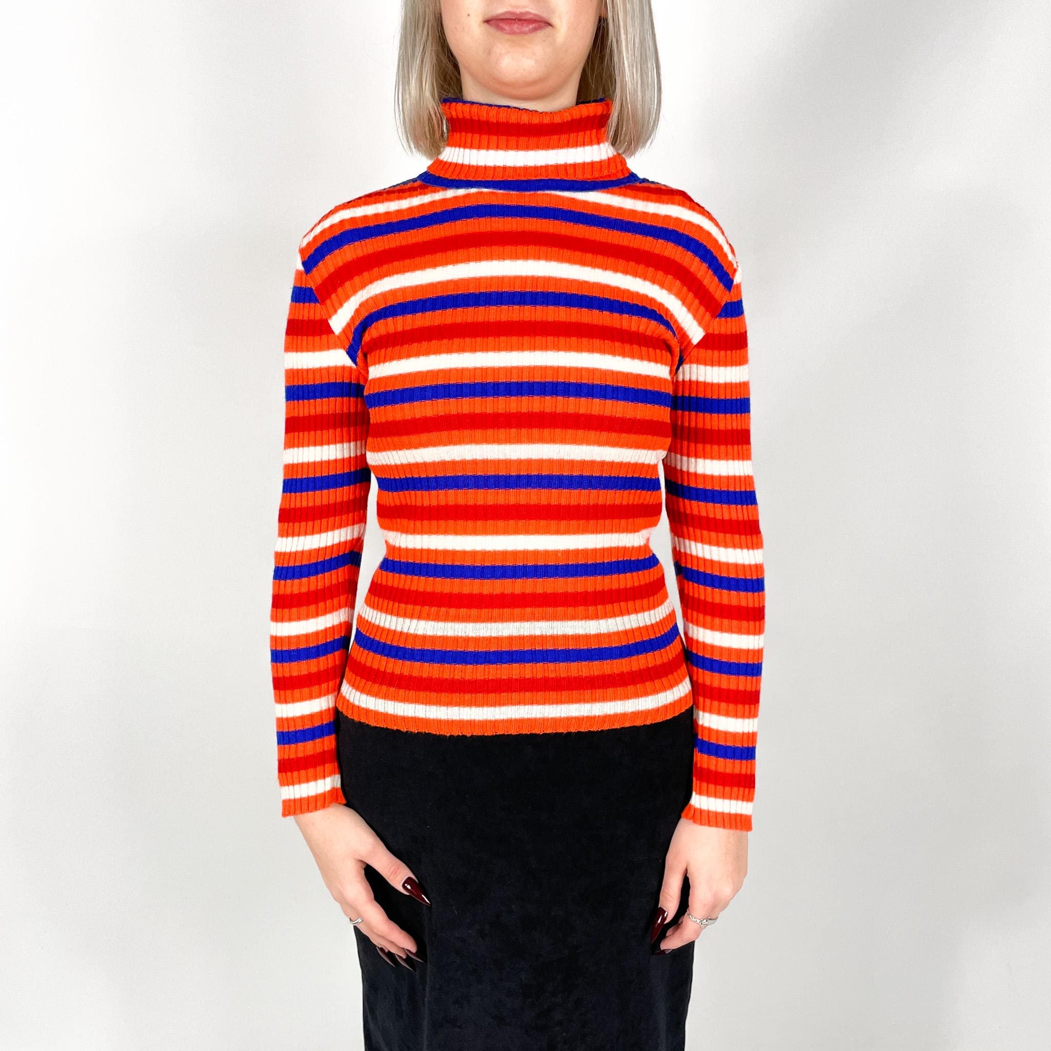 トップス 90s Archive Highneck Cutsew Retro Striped Ribbed Turtleneck Sweater XS - Orange Blue White