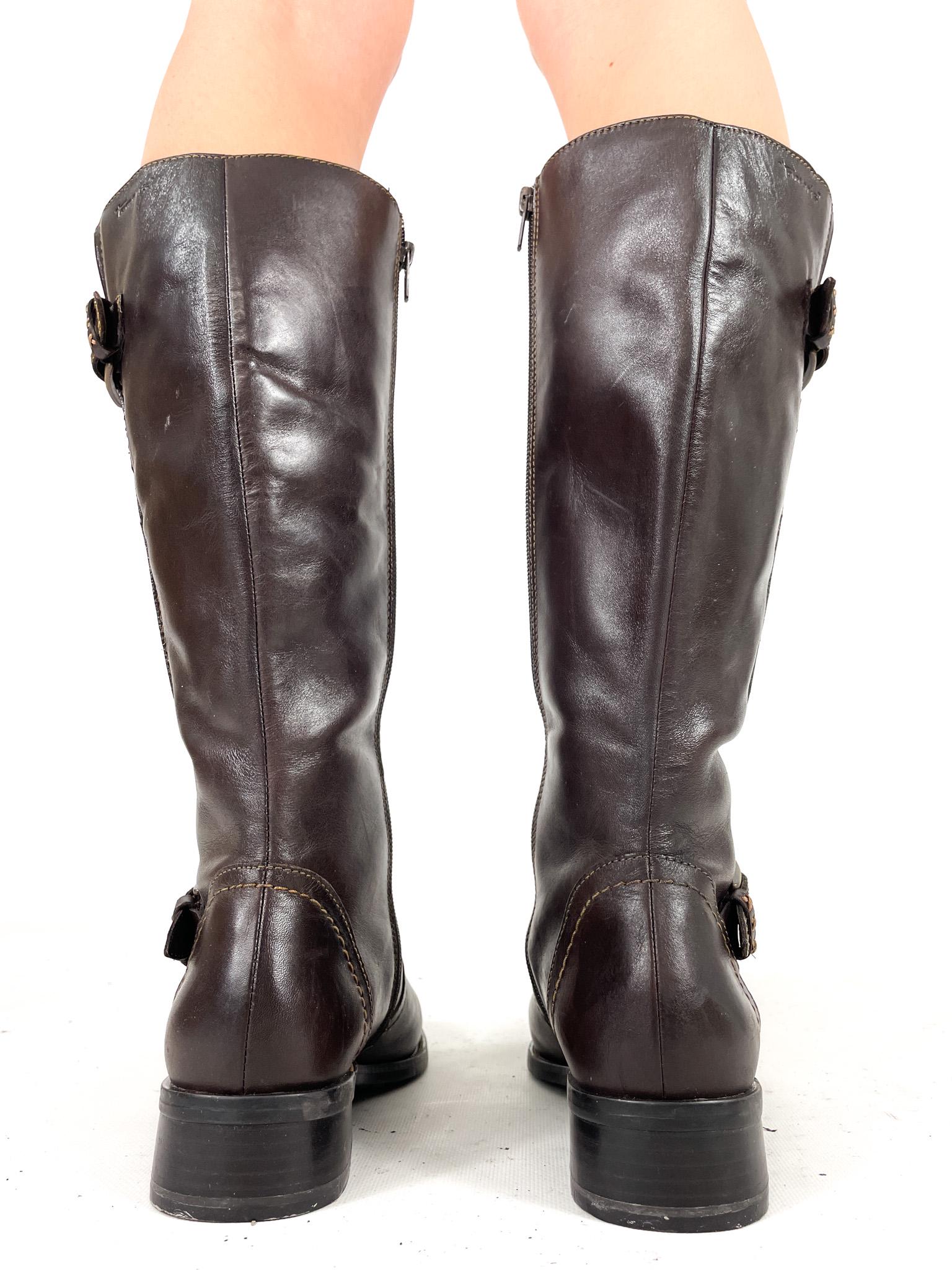 Brown Vintage Knee High Boots Buckle Detail Y2K Real Leather