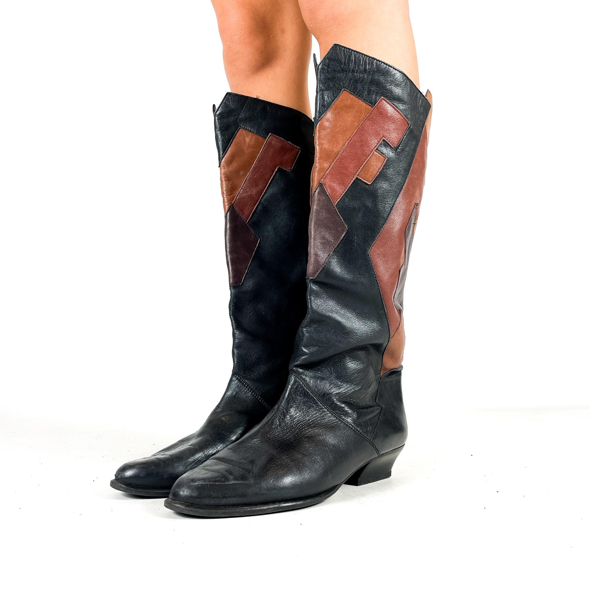 Vintage Black & Brown Real Leather Western Boots – Retro  display picture 2
