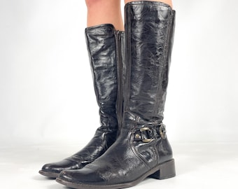 Dark Brown Genuine Warned Lined Leather Knee High Distressed Biker Y2K Buckle Detail Low Heel Festival Boots, Size EU 38 / UK 5 / US 7