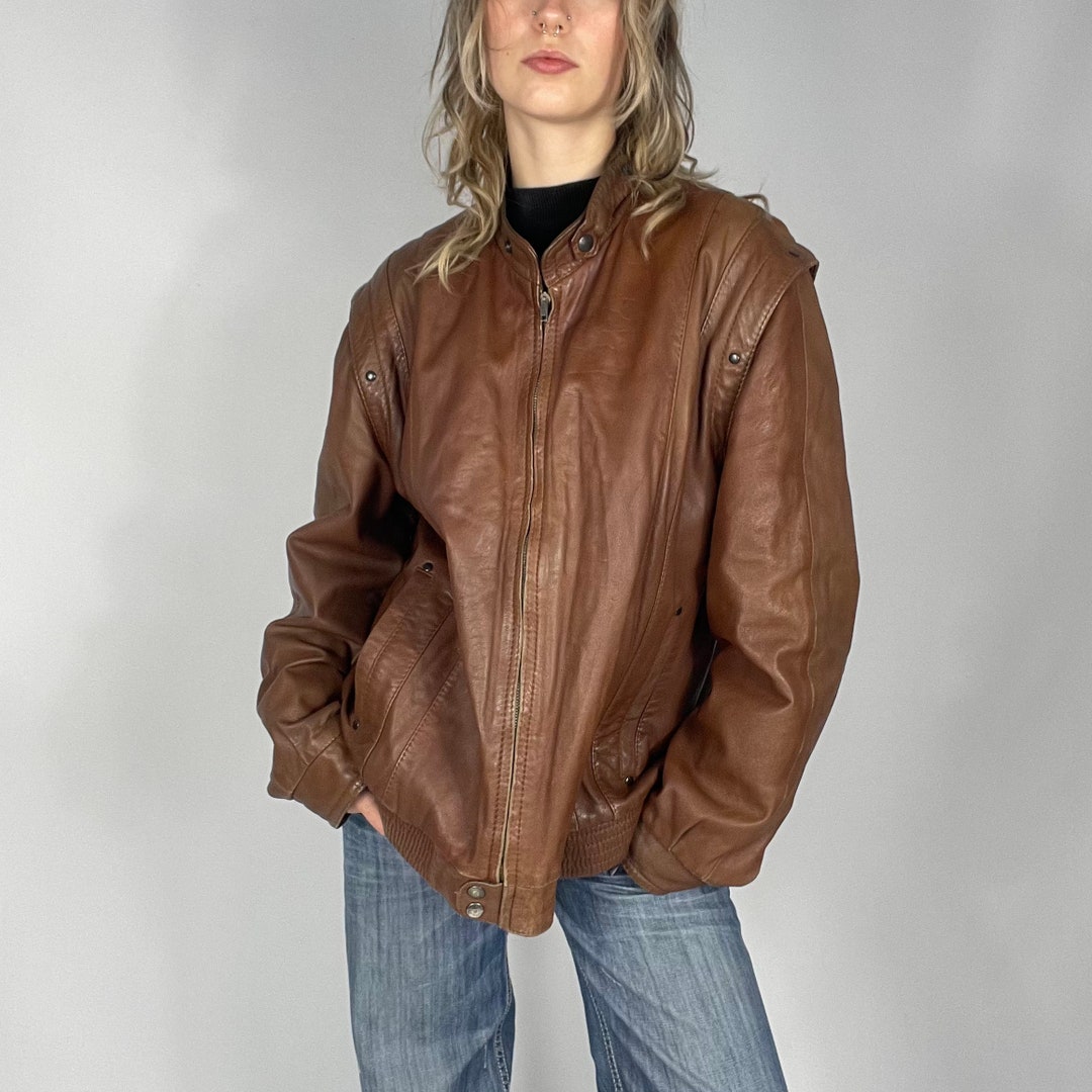 Vintage Brown Real Leather Zipped Preloved Bomber Jacket - Etsy