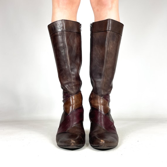 Brown Patchwork Knee High Leather Boots Vintage H… - image 5