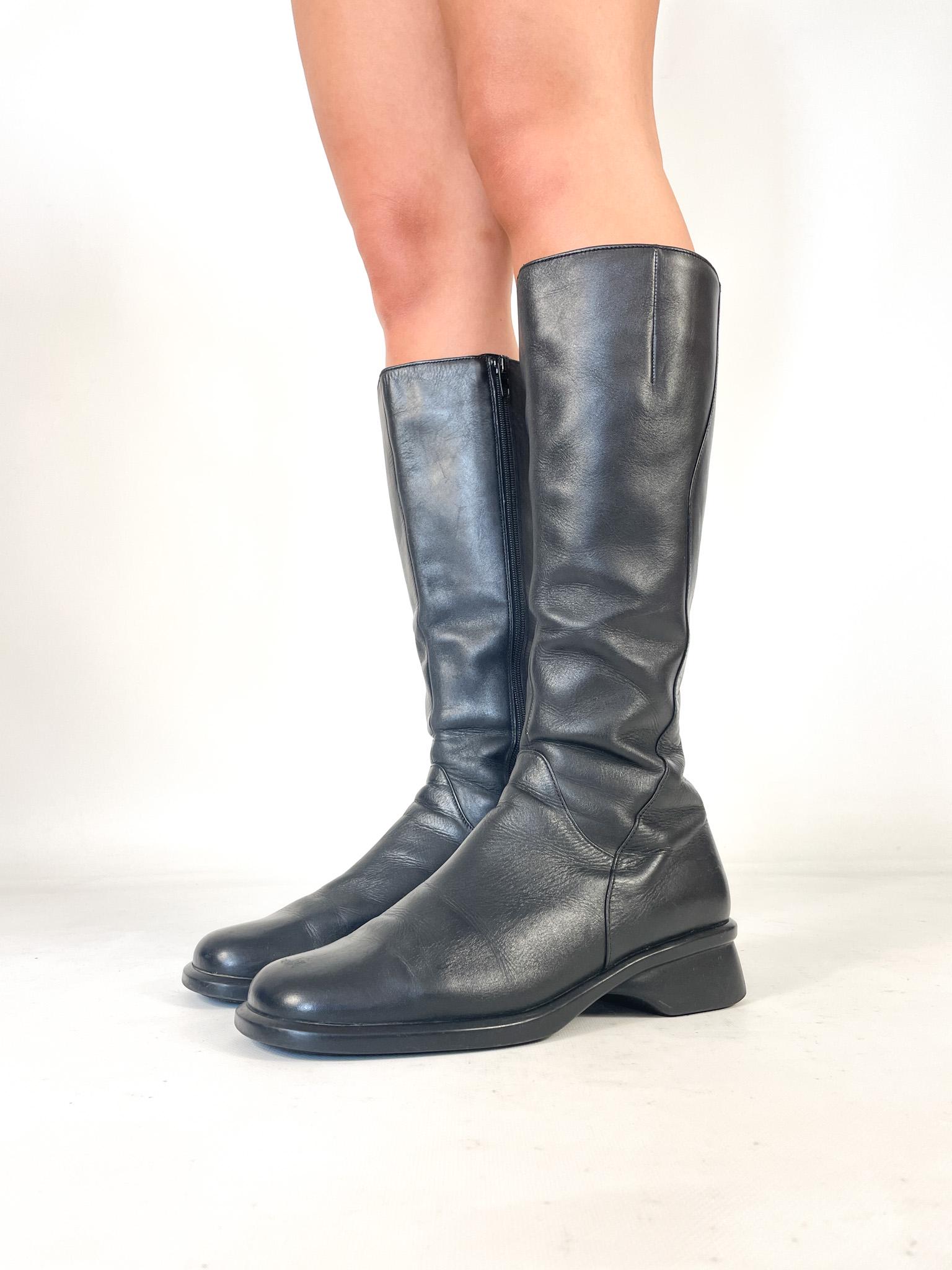 Y2K Black Knee High Boots Women Vintage Zip up Chunky Heel Mod