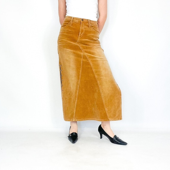 Vintage Yellow Brown Corduroy Maxi Skirt With Big Side Cuts Etsy