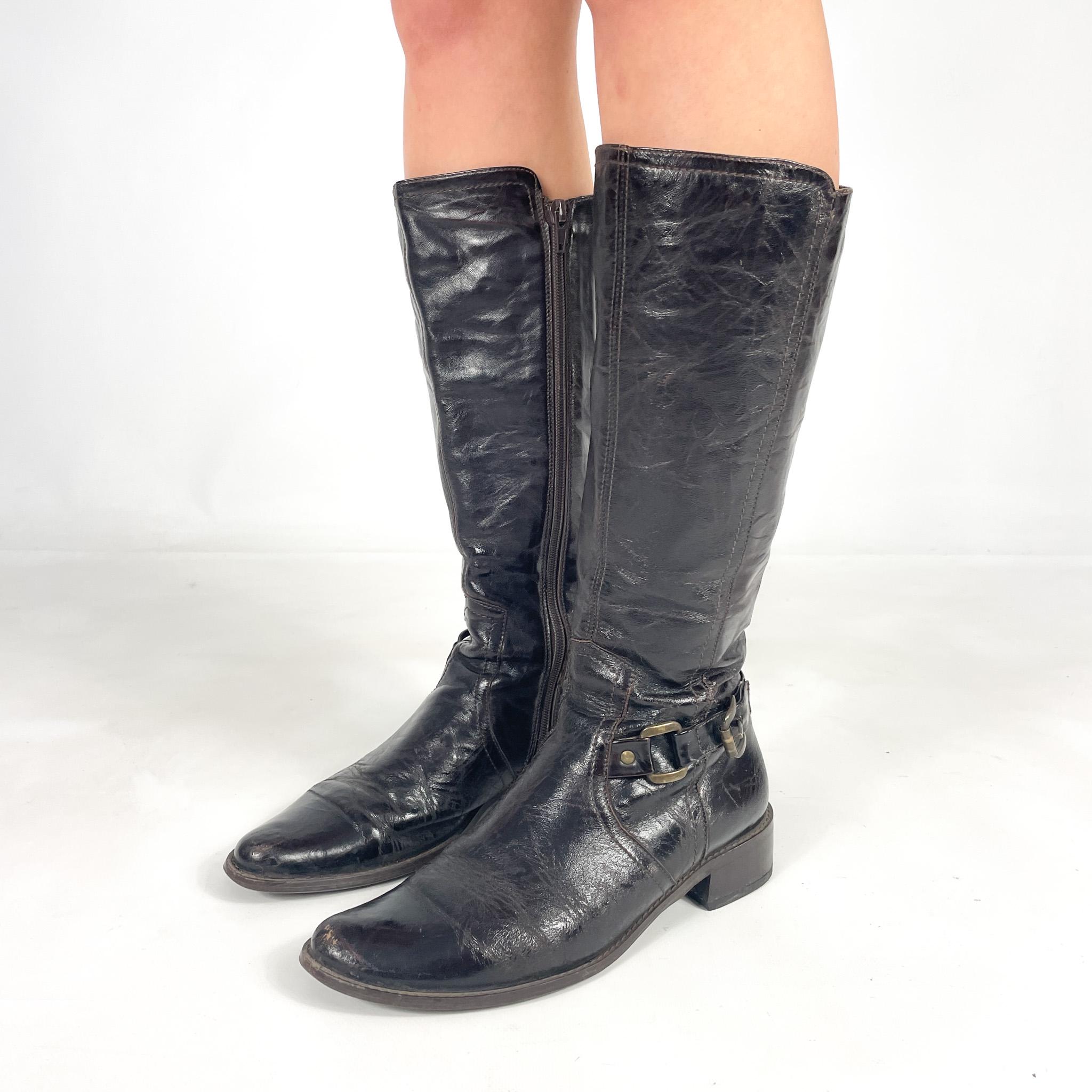 Dark Brown Genuine Warned Lined Leather Knee High Distressed Biker 