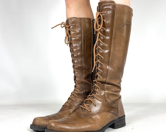 Brown Knee High Lace Up Boots, Vintage Y2K Tall Boots, Faux Leather Combat Style – EU 37 / UK 4 / US 6
