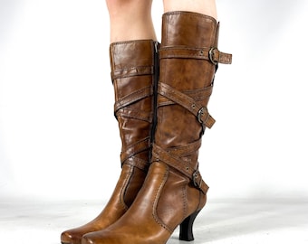 Strappy Knee High Boots Brown Leather Vintage Buckle Tall Boots Kitten Heel Size EU 36 / UK 3 / US 5