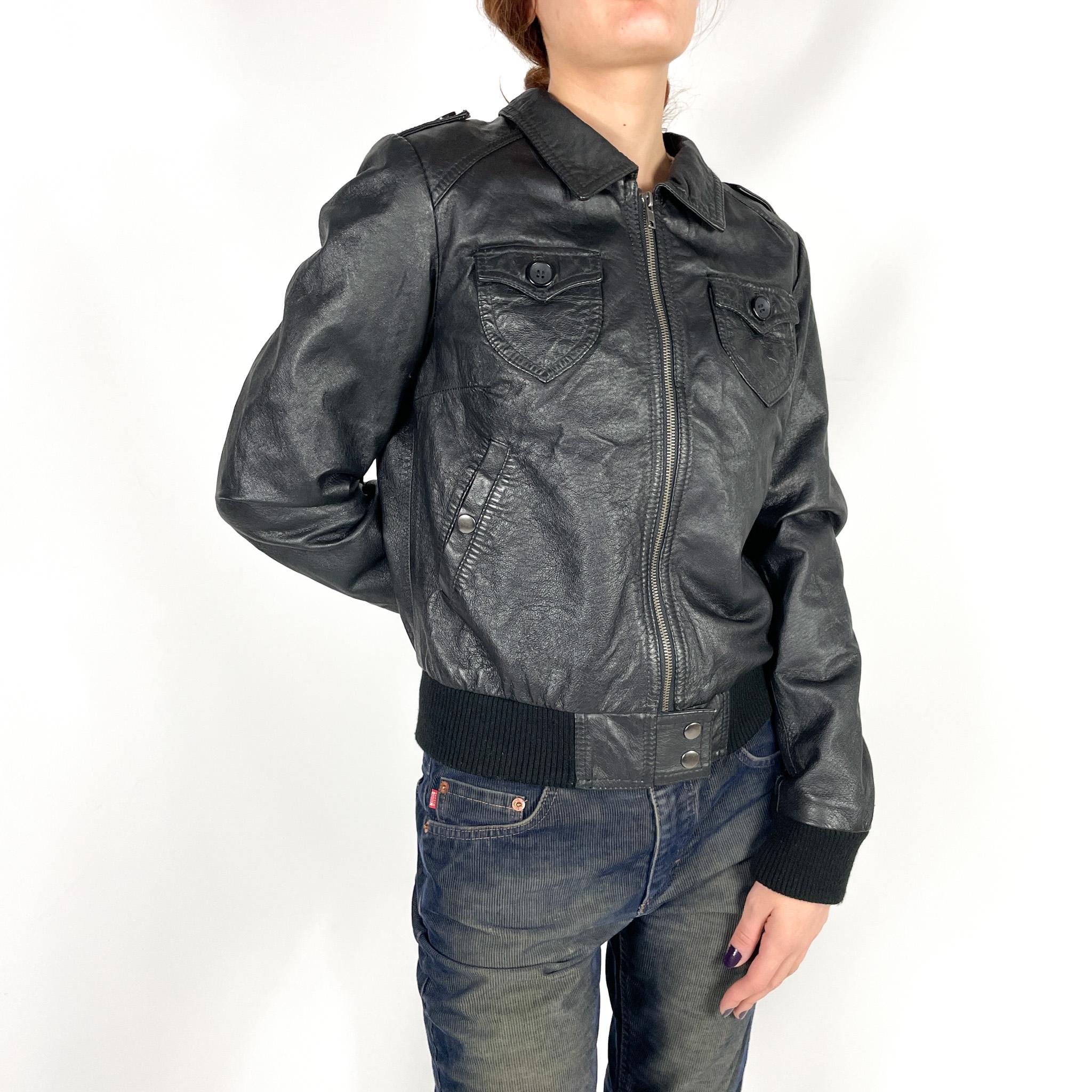 Vintage Black Leather Bomber Jacket – Women's Real Leather Short