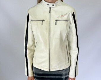 White Real Leather Biker Jacket Women Zip Up Racing Style Moto Outerwear, Size Mens S/Small