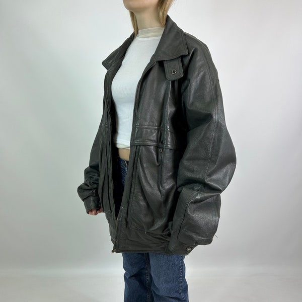 Dark Gray Real Leather Oversize Preloved Bomber Jacket