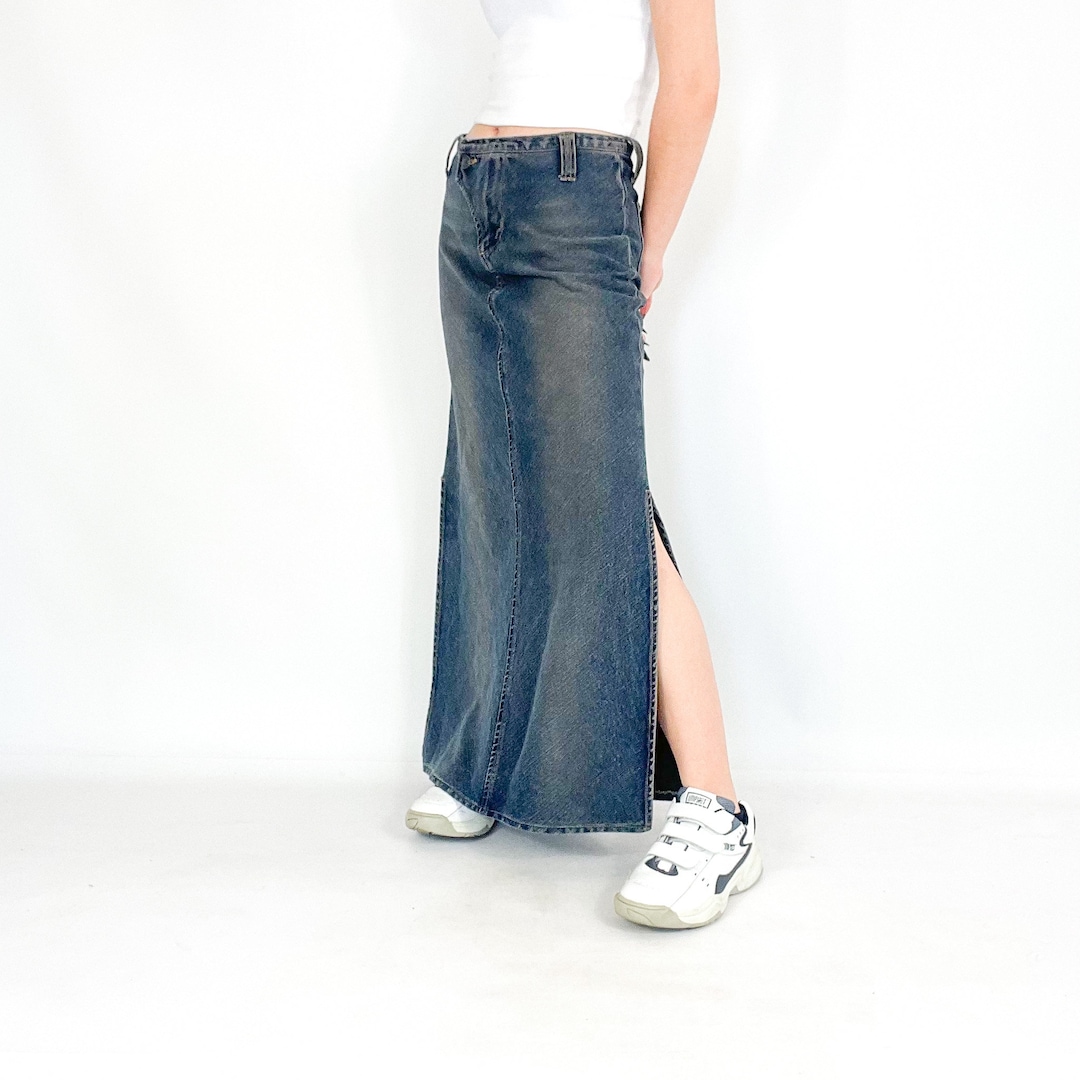 Vintage Only Washed Denim Maxi Skirt With Side Cuts - Etsy