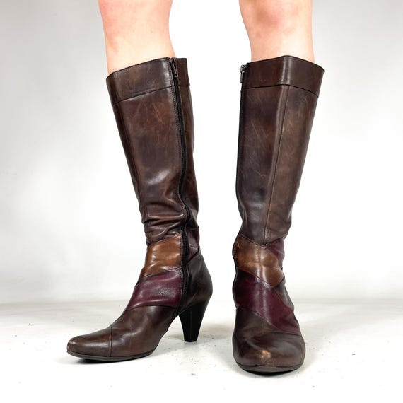 Brown Patchwork Knee High Leather Boots Vintage H… - image 3