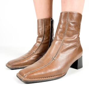 Vintage Brown Leather Ankle Y2K Boots Women Square Toe Block Heel, Size EU 39 / UK 6 / US 8