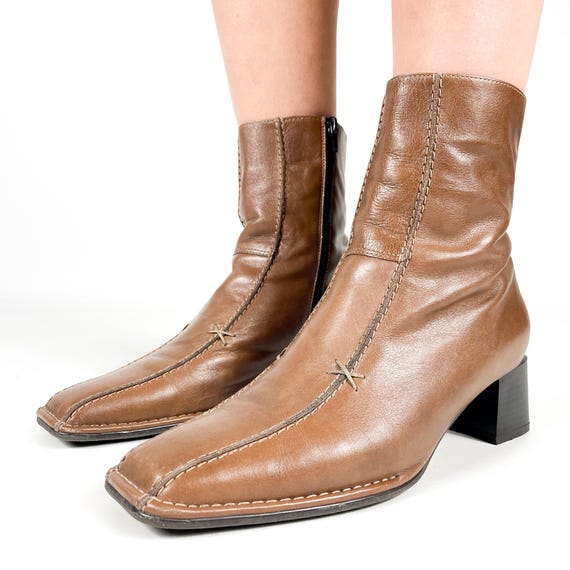 Vintage Brown Leather Ankle Y2K Boots Women Square Toe Block Heel