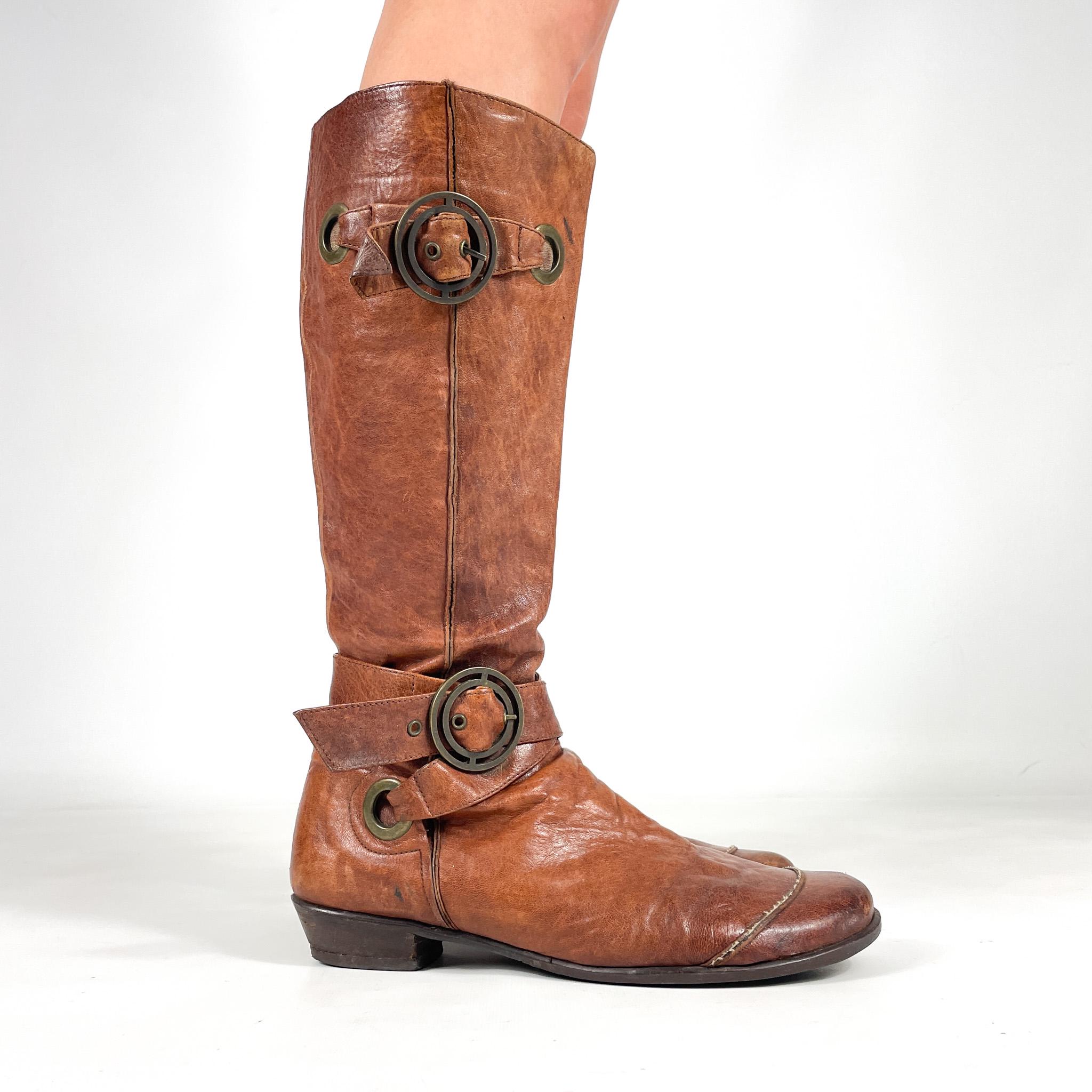 Y2K Real Leather Brown Biker Combat Knee High Boots Round Buckle