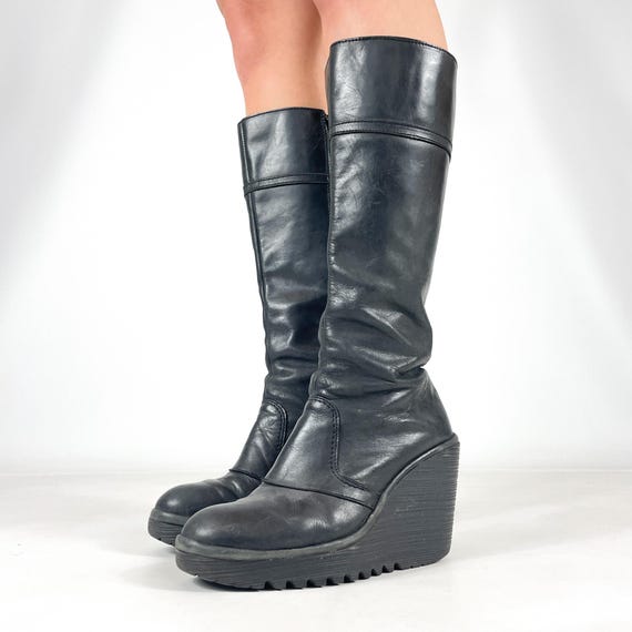 Fly London Black Wedge Genuine Leather Knee High Platform Heel