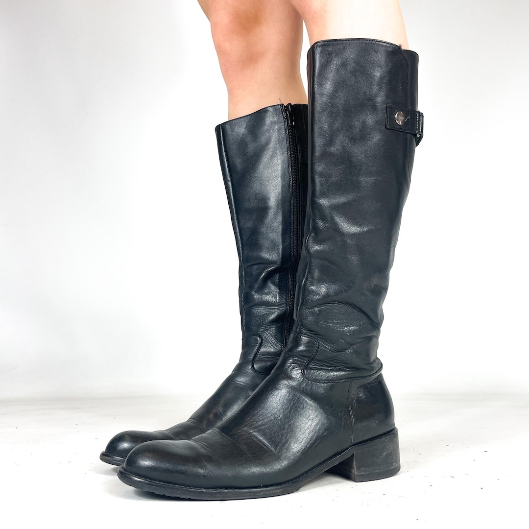 Black Knee High Leather Boots Esprit Vintage Block Heel – EU 37