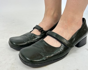 Dark Green Short Heel Cottagecore Forest Dryad Preloved Mary Janes with Strap