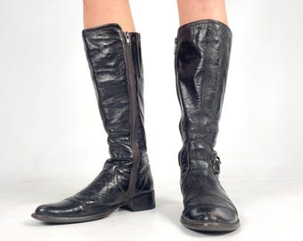 Dark Brown Genuine Warned Lined Leather Knee High Distressed Biker
