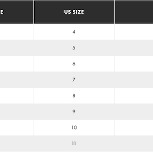 May include: A size chart with columns for UK, EU, and US shoe sizes, along with corresponding foot lengths in millimeters. The chart includes sizes from US size 4 to 11, EU size 35 to 42, and UK size 2 to 9.