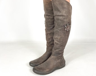 Fairycore Leather Elf Boots, Vintage Style Brown Over-the-Knee Leather Boots, Cottagecore Festival Shoes Women EU 36 / UK 3 / US 5