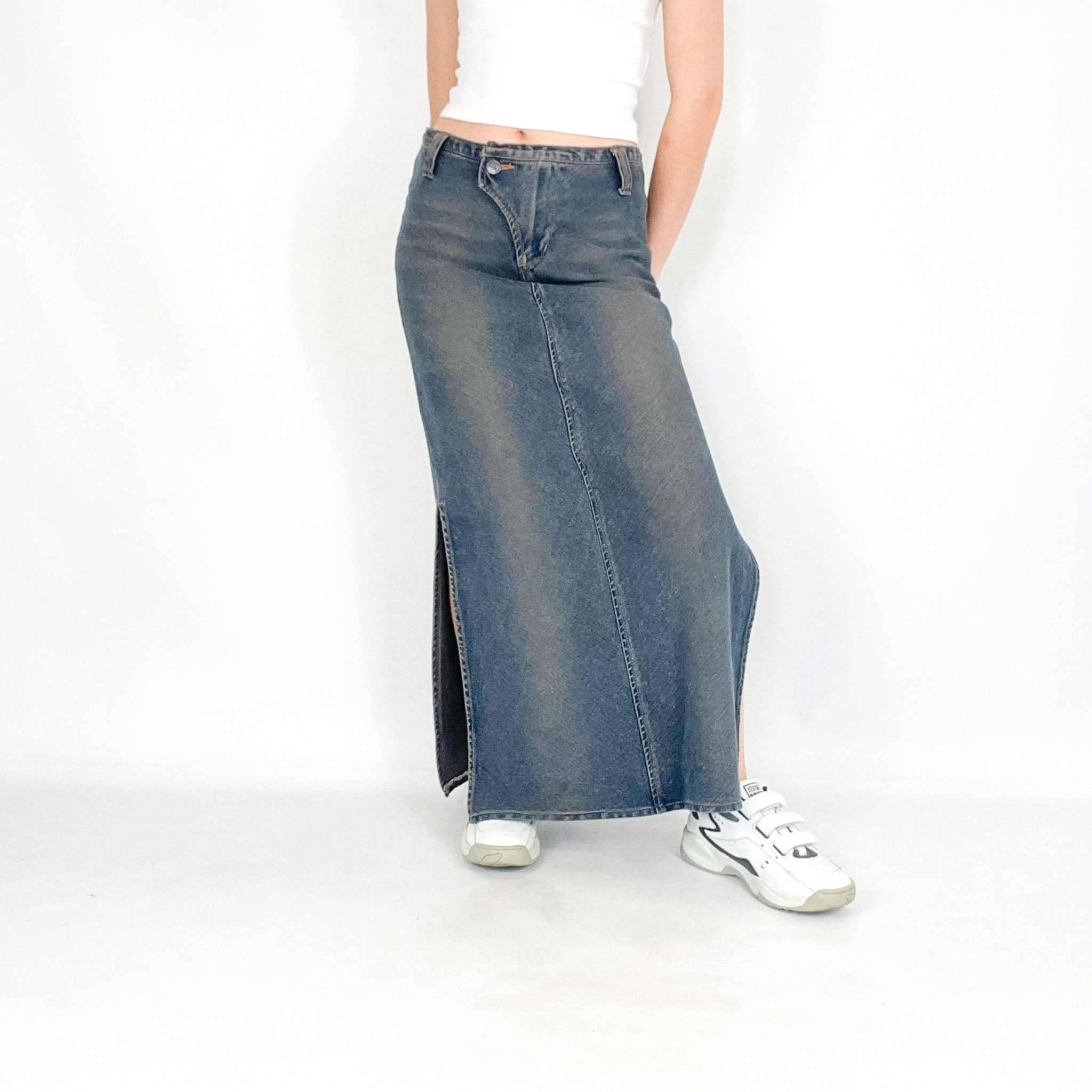 Vintage Only Washed Denim Maxi Skirt With Side Cuts - Etsy