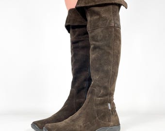 Vintage Dark Brown Real Suede Over the Knee Y2K Boots with Fold Over, Size EU 36 / UK 3 / US 5