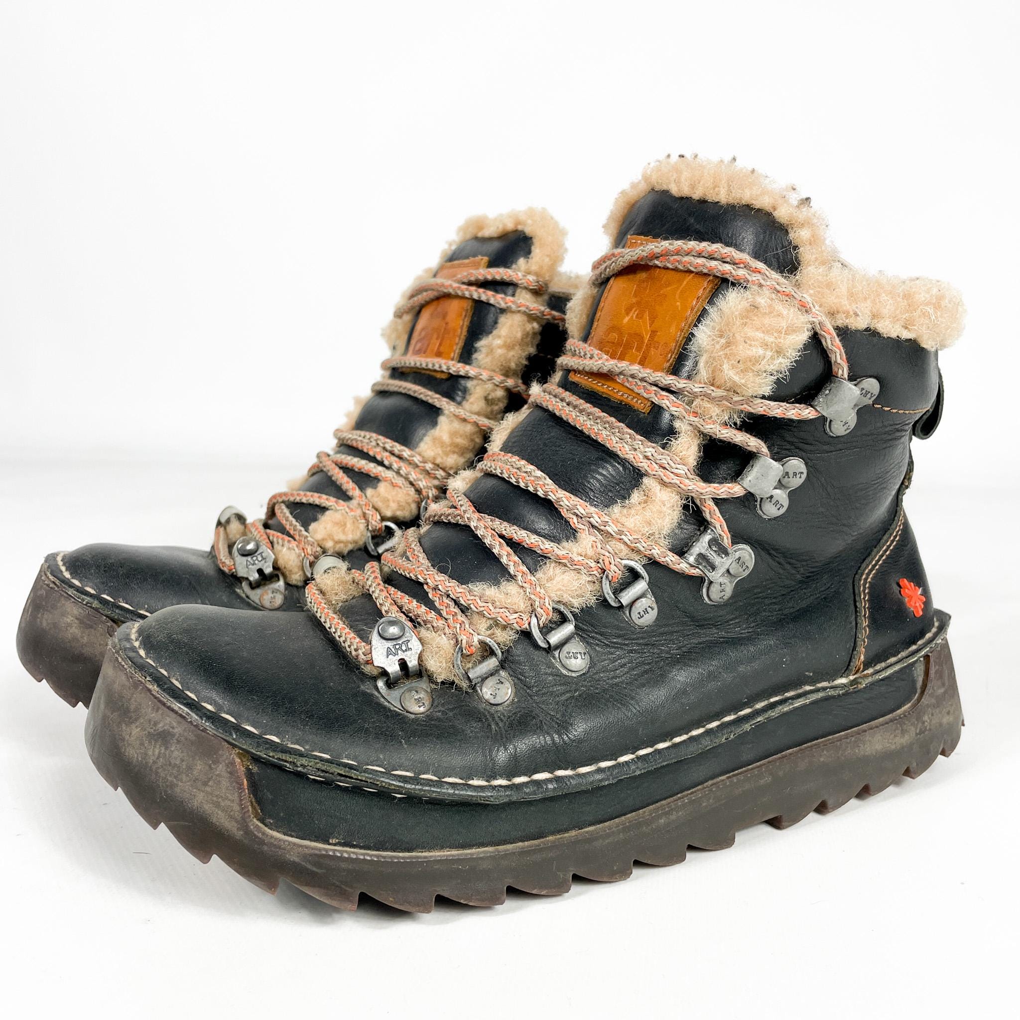 Vintage Art Real Leather Black Hiking Ankle Boots With Fur