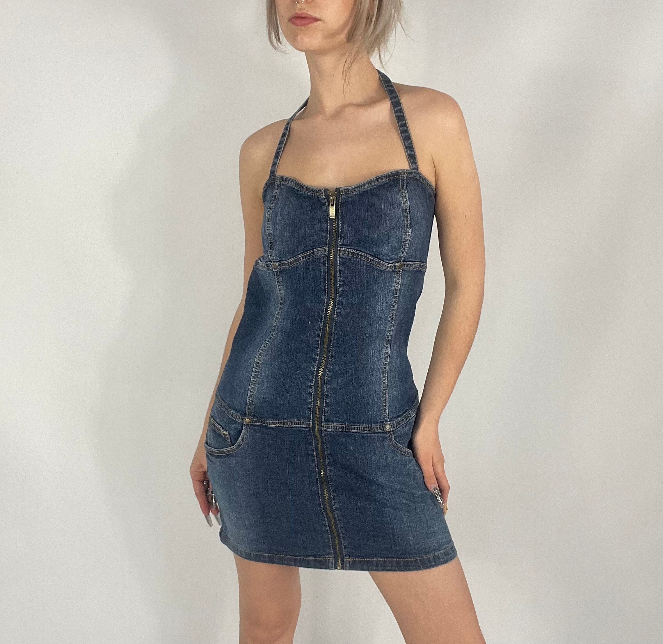 Y2K Zipped Denim Mini Preloved Dress - Etsy
