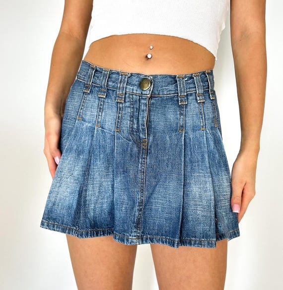 Denim Grunge Pleated Y2K Mini Skirt, Vintage 2000s Style, High  