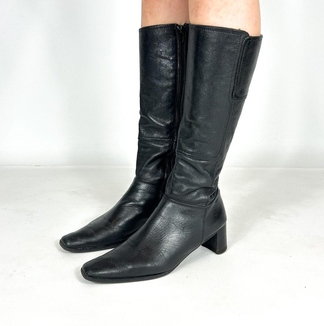 靴 00s real leather heel boots 90s 00s Y2K Black Leather Cropped High heel Boots 8 1/2