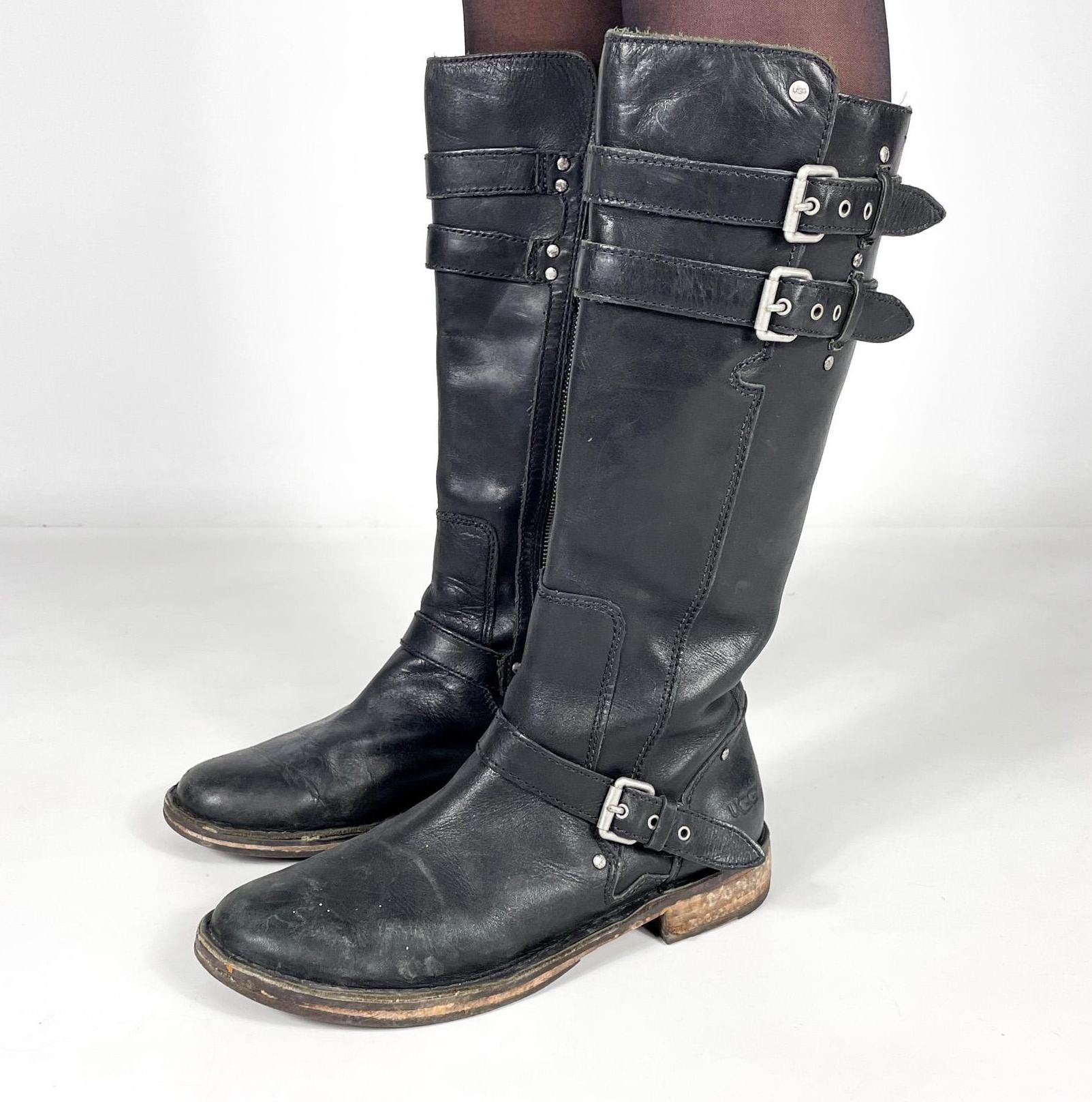 ヴィンテージ Ugg ブラック レザー Y2K ニーハイ ブーツ、バックル