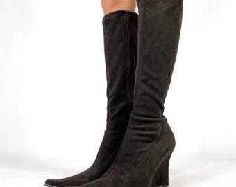 Vintage Brown Knee High Wedge Boots Women Y2K Pointed Toe Stretch Tall Boots - Size EU 39 / UK 6 / US 8