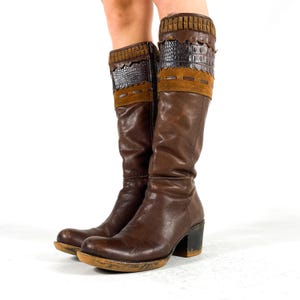 Vintage Brown Real Leather Knee High Boots Women Croc Embossed Patchwork Suede Trim Block Heel Boho Y2K EU 38.5 / UK 5.5 / US 7.5