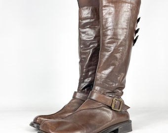 Vintage Brown Leather Knee High Y2K Boots with Buckle Straps, Size EU 41 / UK 8 / US 10