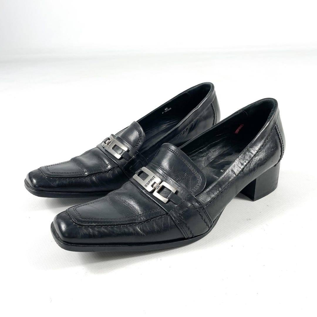 Y2K Black Real Leather Square Toe Heeled Loafers by Esprit Classic