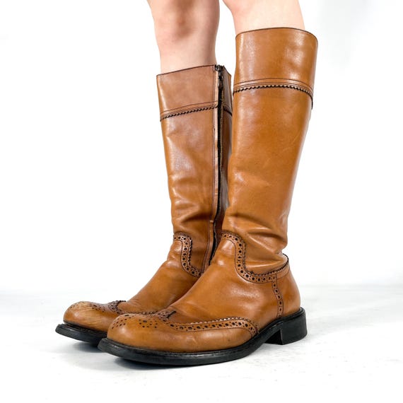 Vintage Leather Brogue Riding Boots Tan Knee High Boots Heritage Festival Equestrian Boots Country Style EU 41 / UK 8 / US 10