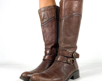 Botas altas de cuero auténtico marrón vintage para mujer, con hebilla y cremallera, estilo motero bohemio. Talla EU 38 / UK 5 / US 7.