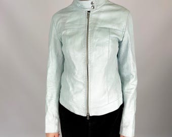 Y2K Baby Blue Real Leather Jacket Moto Biker Minimalist Soft Fitted Short Coat Retro 2000s Pastel Light Blue, Size XS / Extra Small