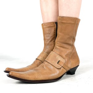 Tan Leather Pointed Toe Boots Mid Calf Slim Western Rock Chic Vintage Style Size EU 41 / UK 8 / US 10
