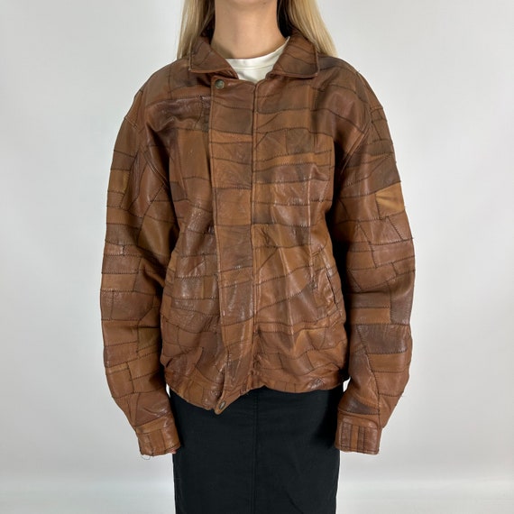 Unique Patchwork Brown Bomber Oversize Real Leath… - image 1