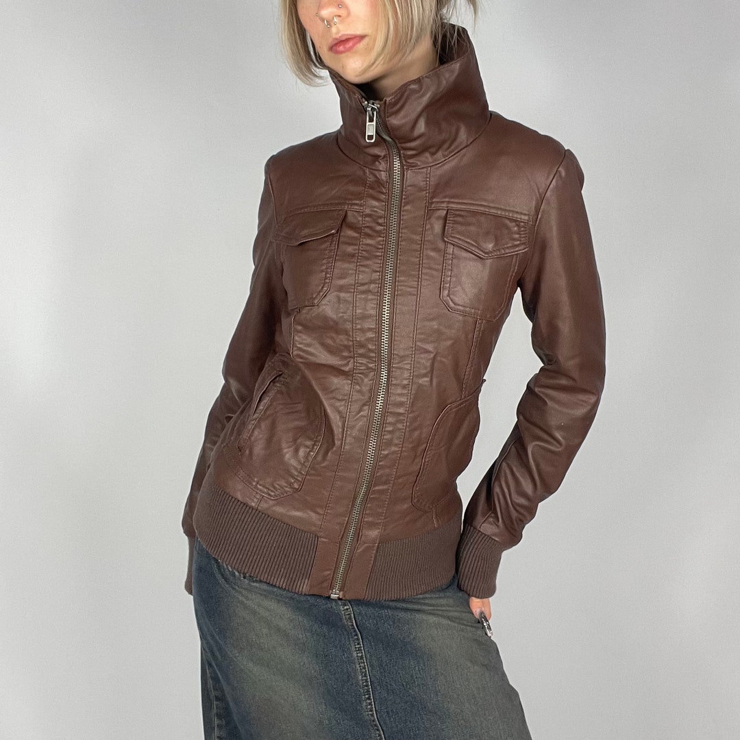 Brown Faux Leather Zip-up Jacket Y2K Style – XS - Etsy