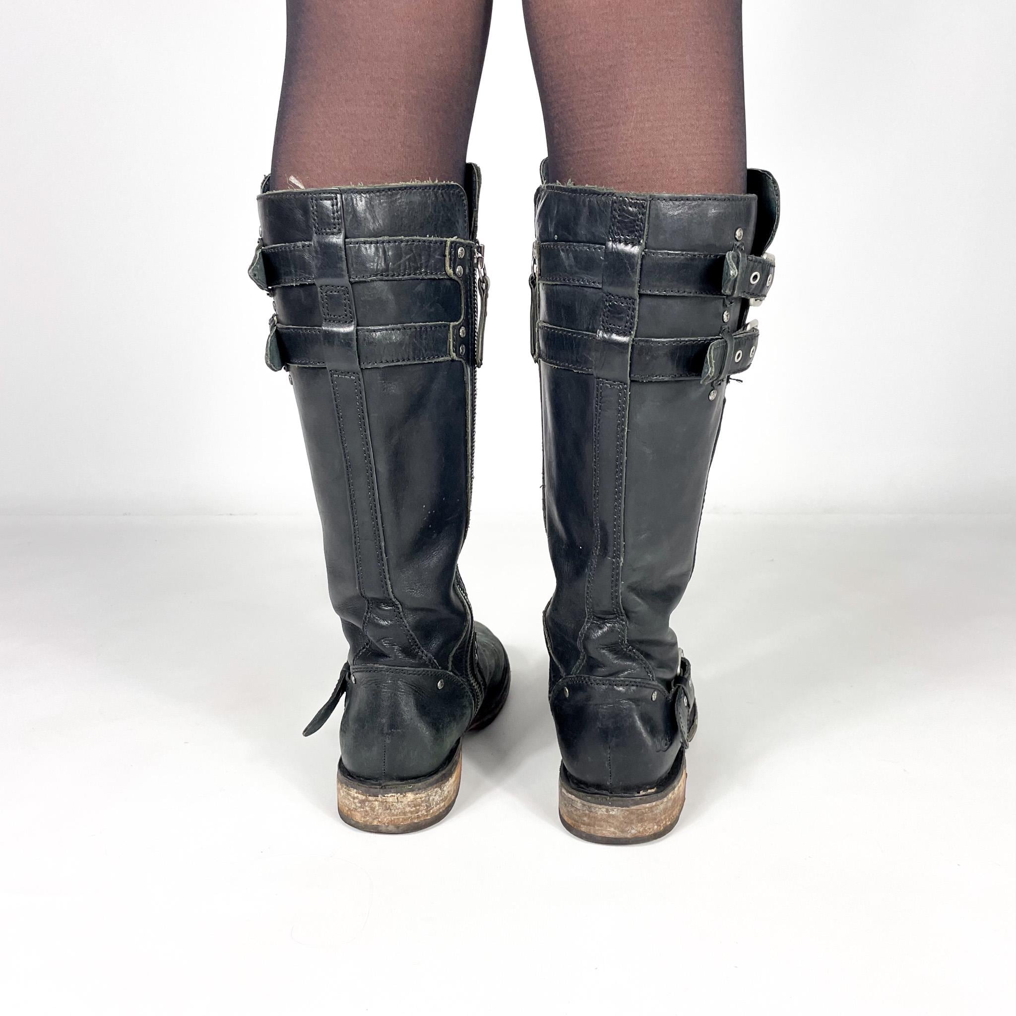 Vintage Ugg Black Leather Y2K Knee High Boots With Buckle Straps